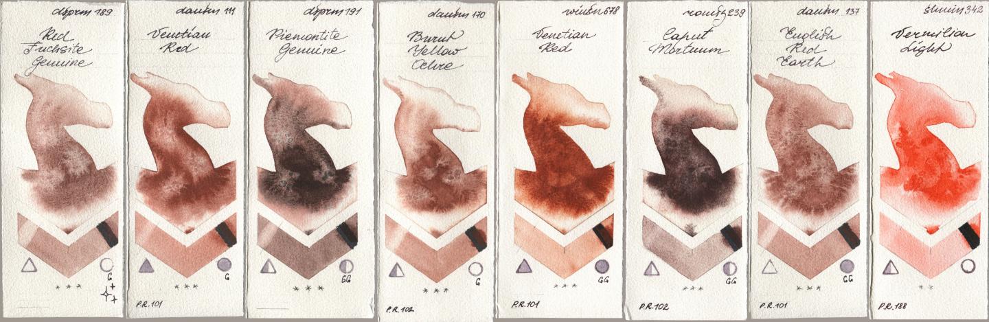 Daniel Smith 189 Red Fuchsite Genuine, 111 Venetian Red, 191 Piemontite Genuine, 170 Burnt Yellow Ochre, Winsor & Newton Professional 678 Venetian Red, Roman Szmal Aquarius 239 Caput Mortuum, 137 English Red Earth, Shminke Horadam Aquarell 342 Vermilion Lig watercolor swatch
