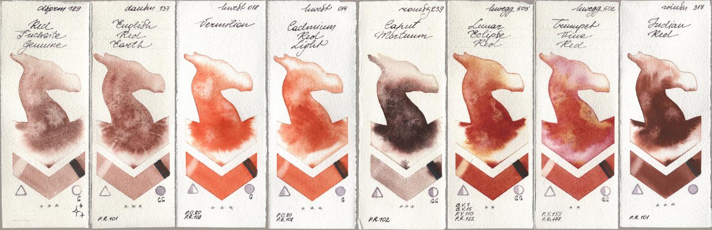 Daniel Smith 189 Red Fuchsite Genuine, 137 English Red Earth, Holbein Artists Watercolor 018 Vermilion, 014 Cadmium Red Light, Roman Szmal Aquarius 239 Caput Mortuum, 505 Lunar Eclipse Red, 502 Trumpet Vine Red, Winsor & Newton Professional 317 Indian R watercolor swatch