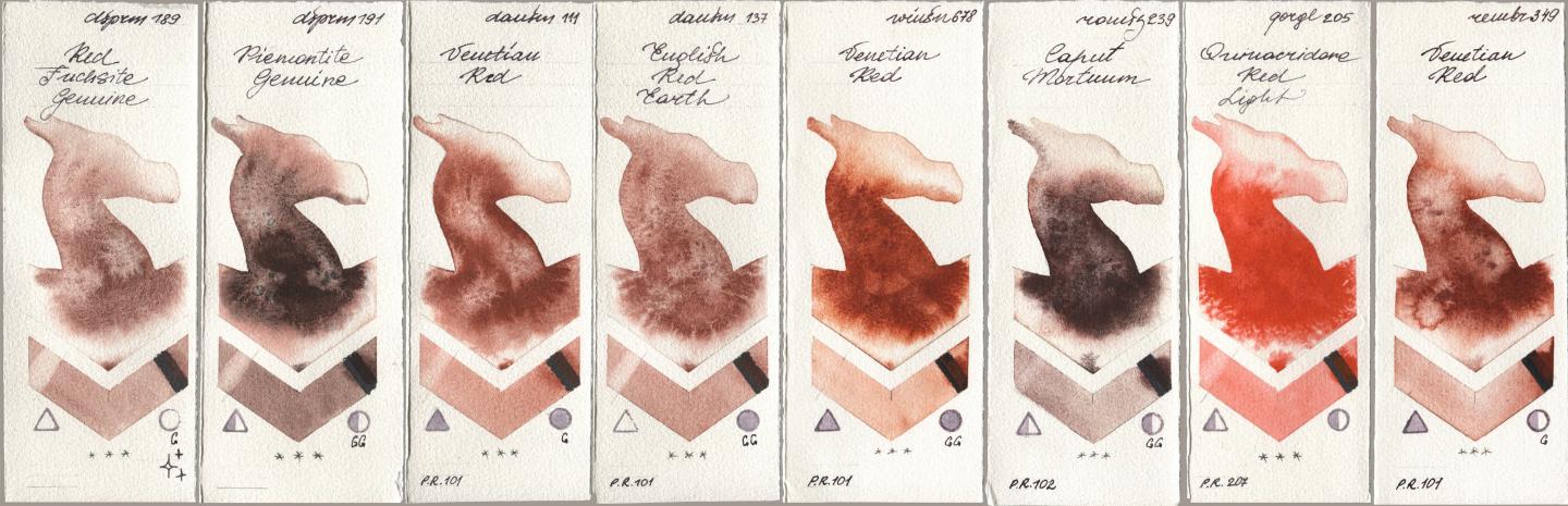 Daniel Smith 189 Red Fuchsite Genuine, 191 Piemontite Genuine, 111 Venetian Red, 137 English Red Earth, Winsor & Newton Professional 678 Venetian Red, Roman Szmal Aquarius 239 Caput Mortuum, Golden QOR 205 Quinacridone Red Light, Royal Talens Rembrandt Watercolour 349 Venerian R watercolor swatch