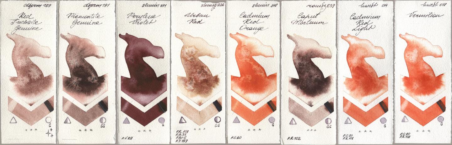 Daniel Smith 189 Red Fuchsite Genuine, 191 Piemontite Genuine, Shminke Horadam Aquarell 371 Perylene Violet, 926 Urban Red, 348 Cadmium Red Orange, Roman Szmal Aquarius 239 Caput Mortuum, Holbein Artists Watercolor 014 Cadmium Red Light, 018 Vermili watercolor swatch