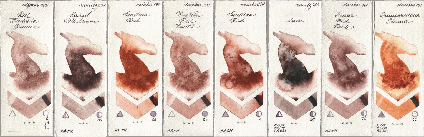 Daniel Smith 189 Red Fuchsite Genuine, Roman Szmal Aquarius 239 Caput Mortuum, Winsor & Newton Professional 678 Venetian Red, 137 English Red Earth, Royal Talens Rembrandt Watercolour 349 Venerian Red, 384 Lava, 141 Lunar Red Rock, 093 Quinacridone Sien watercolor swatch