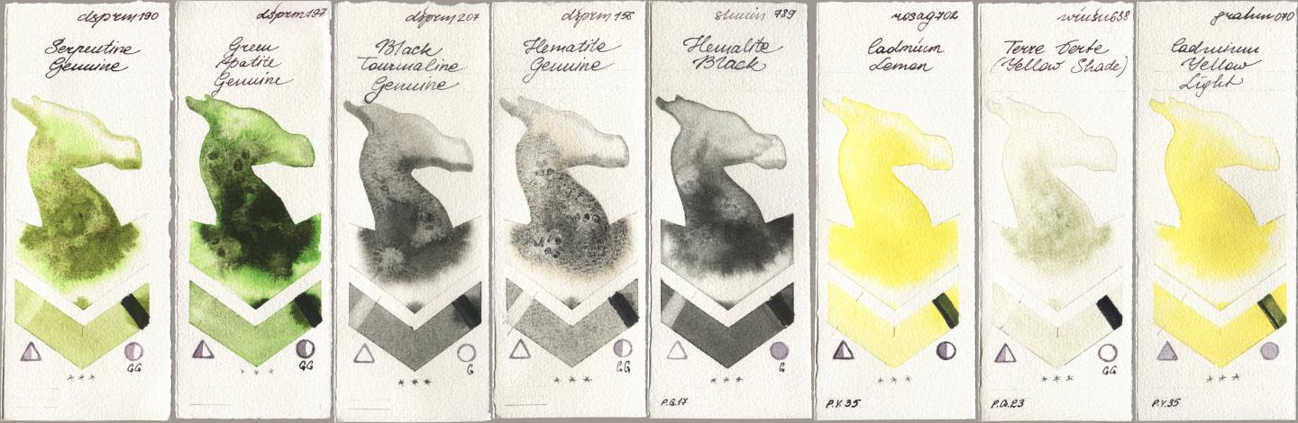 Daniel Smith 190 Serpentine Genuine, 197 Green Apatite Genuine, 207 Black Tourmaline Genuine, 156 Hematite Genuine, Shminke Horadam Aquarell 789 Hematite Black, Rosa Gallery 702 Cadmium Lemon, Winsor & Newton Professional 638 Terre Verte (Yellow Shade), M. Graham & Co. Artists 070 Cadmium Yellow Lig watercolor swatch