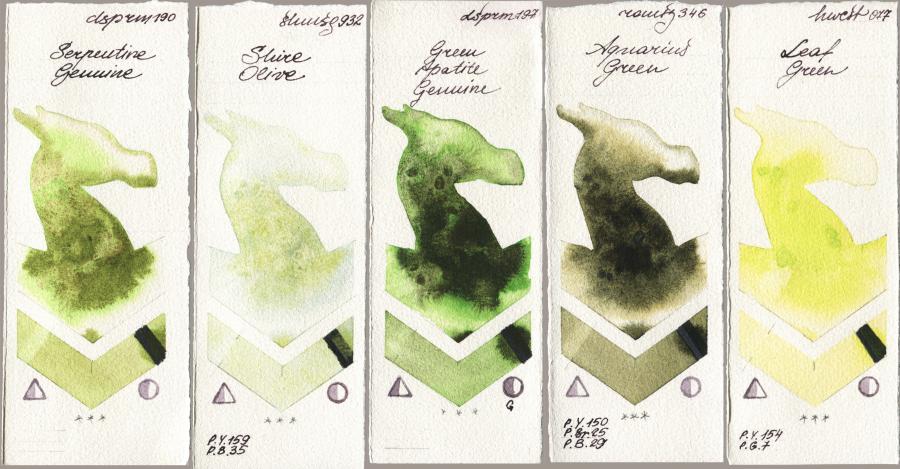 Daniel Smith 190 Serpentine Genuine vs Shminke Horadam Aquarell 932 Shire Olive vs 197 Green Apatite Genuine vs Roman Szmal Aquarius 346 Aquarius Green vs Holbein Artists Watercolor 077 Leaf Green watercolor swatch