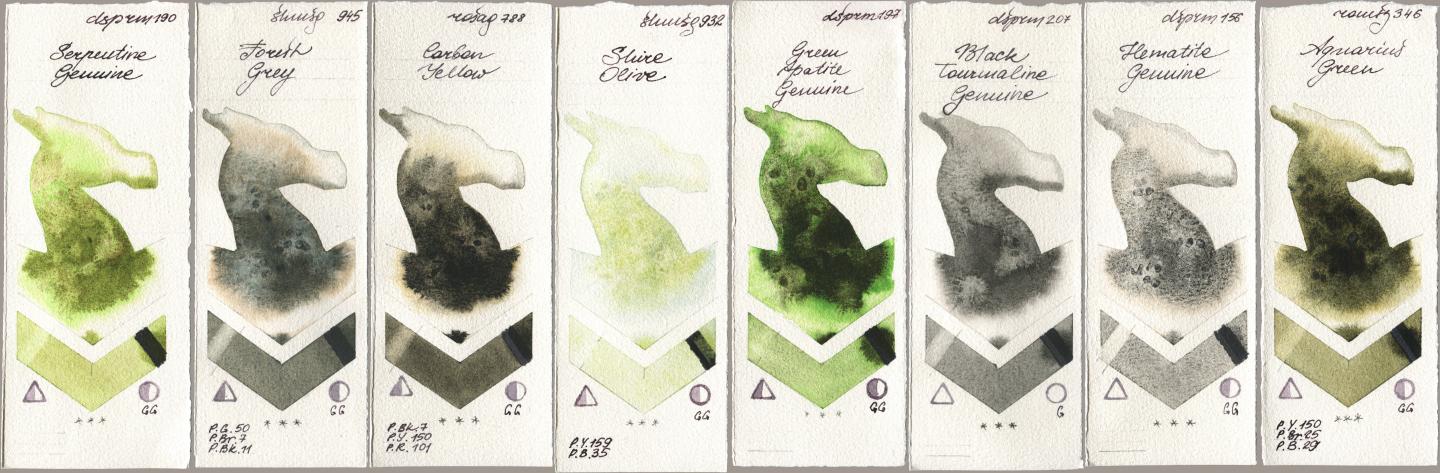 Daniel Smith 190 Serpentine Genuine, Shminke Horadam Aquarell 945 Forest Grey, Rosa Gallery 788 Carbon Yellow, 932 Shire Olive, 197 Green Apatite Genuine, 207 Black Tourmaline Genuine, 156 Hematite Genuine, Roman Szmal Aquarius 346 Aquarius Gre watercolor swatch