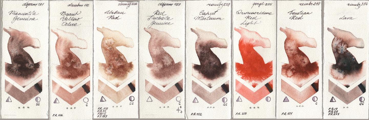Daniel Smith 191 Piemontite Genuine, 170 Burnt Yellow Ochre, Shminke Horadam Aquarell 926 Urban Red, 189 Red Fuchsite Genuine, Roman Szmal Aquarius 239 Caput Mortuum, Golden QOR 205 Quinacridone Red Light, Royal Talens Rembrandt Watercolour 349 Venerian Red, 384 La watercolor swatch