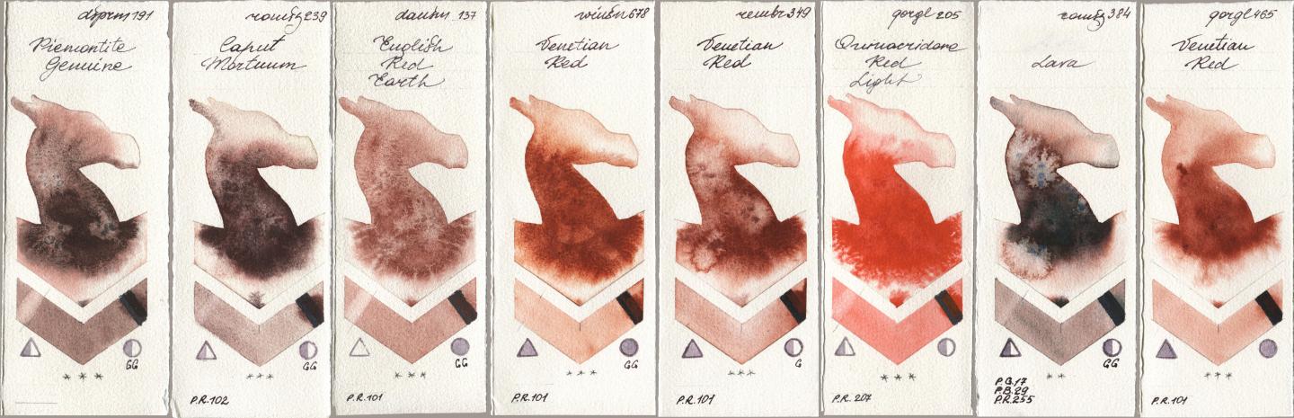 Daniel Smith 191 Piemontite Genuine, Roman Szmal Aquarius 239 Caput Mortuum, 137 English Red Earth, Winsor & Newton Professional 678 Venetian Red, Royal Talens Rembrandt Watercolour 349 Venerian Red, Golden QOR 205 Quinacridone Red Light, 384 Lava, 465 Venetian R watercolor swatch