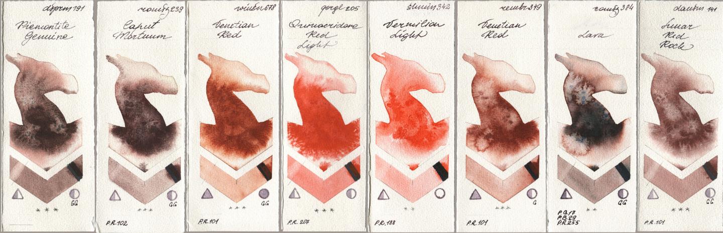 Daniel Smith 191 Piemontite Genuine, Roman Szmal Aquarius 239 Caput Mortuum, Winsor & Newton Professional 678 Venetian Red, Golden QOR 205 Quinacridone Red Light, Shminke Horadam Aquarell 342 Vermilion Light, Royal Talens Rembrandt Watercolour 349 Venerian Red, 384 Lava, 141 Lunar Red Ro watercolor swatch