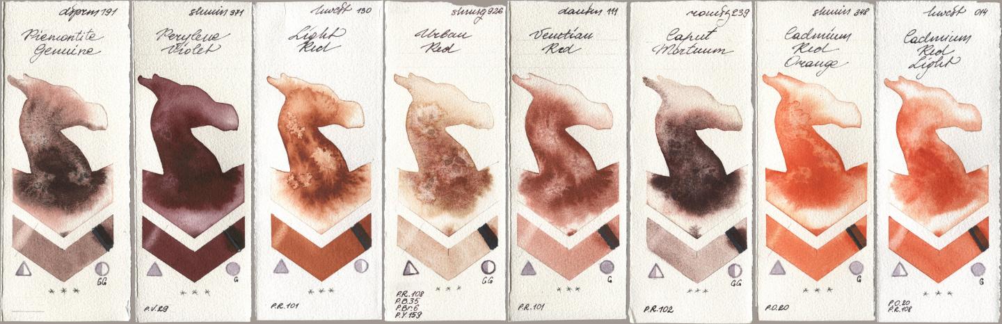 Daniel Smith 191 Piemontite Genuine, Shminke Horadam Aquarell 371 Perylene Violet, Holbein Artists Watercolor 130 Light Red, 926 Urban Red, 111 Venetian Red, Roman Szmal Aquarius 239 Caput Mortuum, 348 Cadmium Red Orange, 014 Cadmium Red Lig watercolor swatch