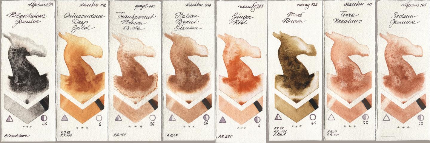Daniel Smith 193 Bloodstone Genuine, 152 Quinacridone Deep Gold, Golden QOR 475 Transparent Brown Oxide, 047 Italian Burnt Sienna, Roman Szmal Aquarius 368 Genger Red, Rosa Gallery 723 Mars Brown, 117 Terre Ercolano, 145 Sedona Genui watercolor swatch