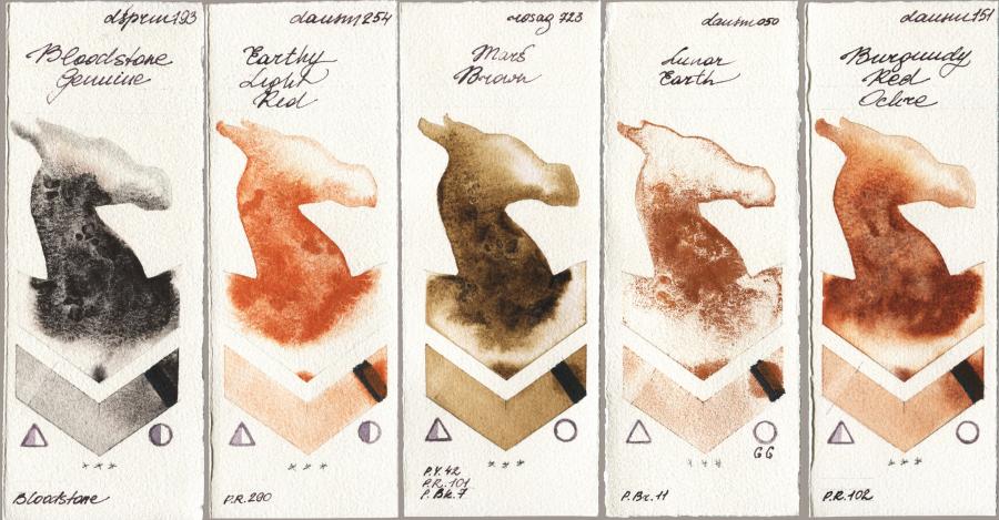 Daniel Smith 193 Bloodstone Genuine vs 254 Earthy Light Red vs Rosa Gallery 723 Mars Brown vs 050 Lunar Earth vs 151 Burgundy Red Ochre watercolor swatch