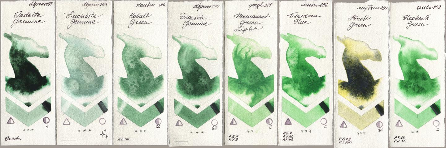 Daniel Smith 195 Jadeite Genuine, 169 Fuchsite Genuine, 026 Cobalt Green, 210 Diopside Genuine, Golden QOR 385 Permanent Green Light, Winsor & Newton Professional 696 Viridian Hue, Mijello Mission Gold 830 Forest Green, Sennelier l Aquarelle 809 Hookers Gre watercolor swatch