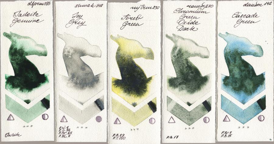 Daniel Smith 195 Jadeite Genuine vs Shminke Akademie Aquarell 918 Icy Grey vs Mijello Mission Gold 830 Forest Green vs Roman Szmal Aquarius 270 Chromium Green Oxide Dark vs 142 Cascade Green watercolor swatch