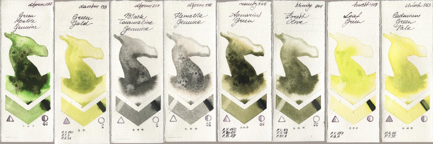 Daniel Smith 197 Green Apatite Genuine, 139 Green Gold, 207 Black Tourmaline Genuine, 156 Hematite Genuine, Roman Szmal Aquarius 346 Aquarius Green, Shminke Horadam Aquarell 941 Forest Olive, Holbein Artists Watercolor 077 Leaf Green, Shinhan PWC 563 Cadmium Green Pa watercolor swatch