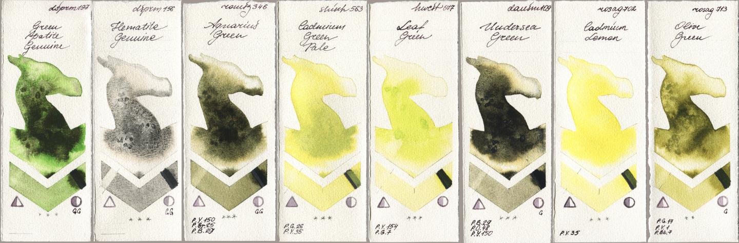Daniel Smith 197 Green Apatite Genuine, 156 Hematite Genuine, Roman Szmal Aquarius 346 Aquarius Green, Shinhan PWC 563 Cadmium Green Pale, Holbein Artists Watercolor 077 Leaf Green, 109 Undersea Green, Rosa Gallery 702 Cadmium Lemon, 713 Olive Gre watercolor swatch