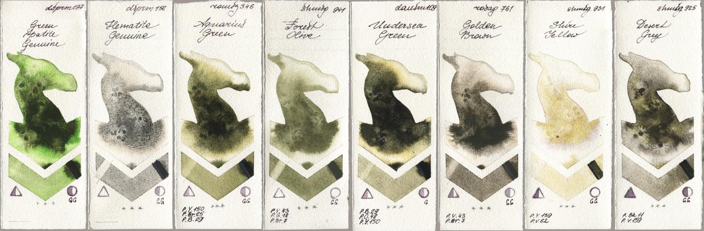 Daniel Smith 197 Green Apatite Genuine, 156 Hematite Genuine, Roman Szmal Aquarius 346 Aquarius Green, Shminke Horadam Aquarell 941 Forest Olive, 109 Undersea Green, Rosa Gallery 761 Golden Brown, 931 Shire Yellow, 925 Desert Gr watercolor swatch