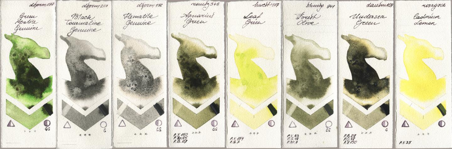 Daniel Smith 197 Green Apatite Genuine, 207 Black Tourmaline Genuine, 156 Hematite Genuine, Roman Szmal Aquarius 346 Aquarius Green, Holbein Artists Watercolor 077 Leaf Green, Shminke Horadam Aquarell 941 Forest Olive, 109 Undersea Green, Rosa Gallery 702 Cadmium Lem watercolor swatch