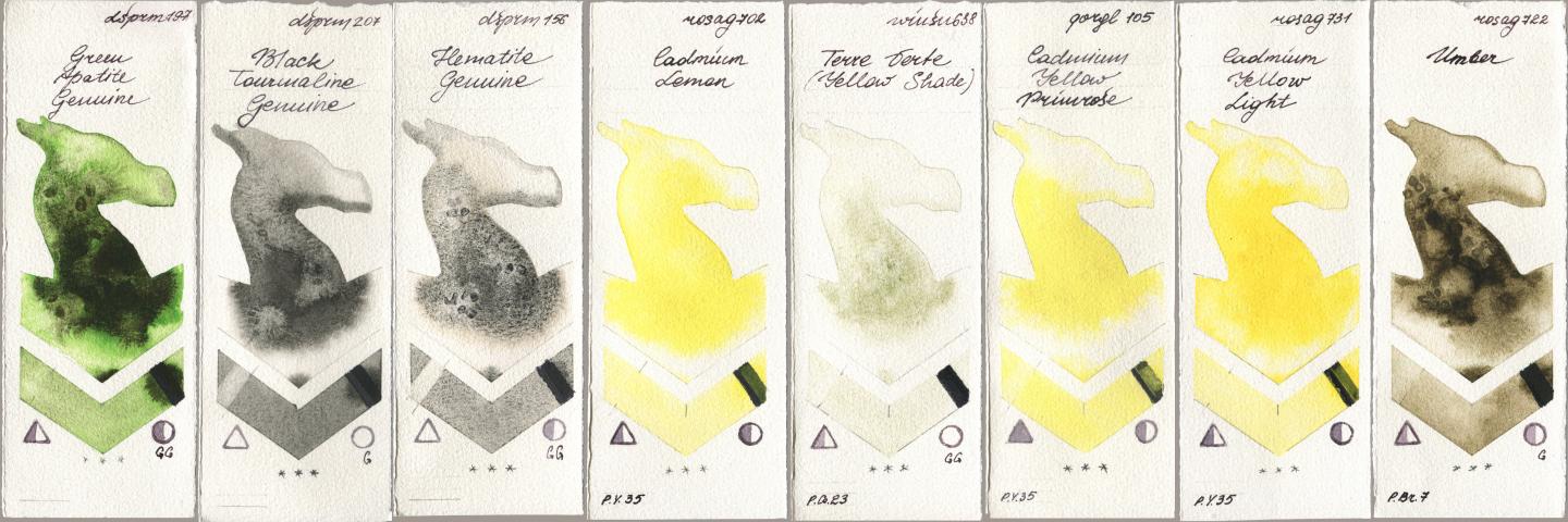 Daniel Smith 197 Green Apatite Genuine, 207 Black Tourmaline Genuine, 156 Hematite Genuine, Rosa Gallery 702 Cadmium Lemon, Winsor & Newton Professional 638 Terre Verte (Yellow Shade), Golden QOR 105 Cadmium Yellow Primrose, 731 Cadmium Yellow Light, 722 Umb watercolor swatch