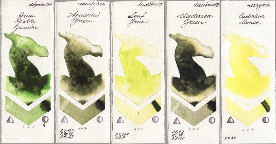 Daniel Smith 197 Green Apatite Genuine vs Roman Szmal Aquarius 346 Aquarius Green vs Holbein Artists Watercolor 077 Leaf Green vs 109 Undersea Green vs Rosa Gallery 702 Cadmium Lemon watercolor swatch