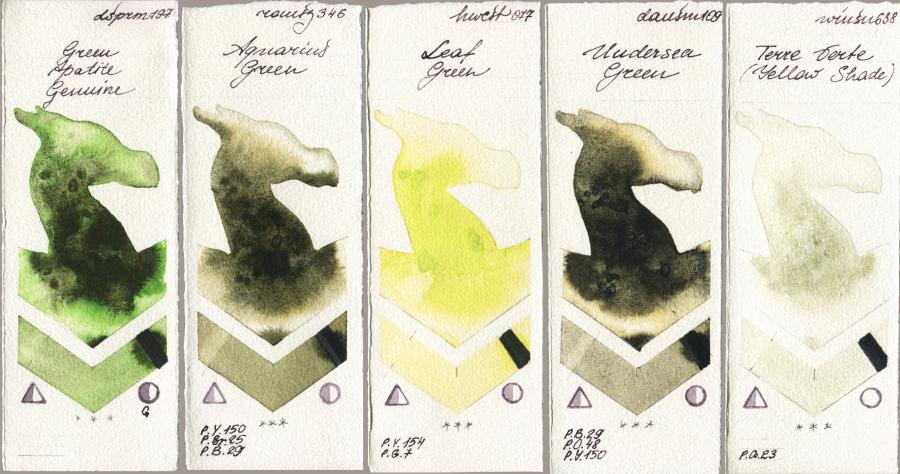 Daniel Smith 197 Green Apatite Genuine vs Roman Szmal Aquarius 346 Aquarius Green vs Holbein Artists Watercolor 077 Leaf Green vs 109 Undersea Green vs Winsor & Newton Professional 638 Terre Verte (Yellow Shade) watercolor swatch