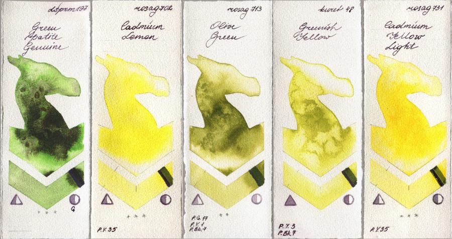 Daniel Smith 197 Green Apatite Genuine vs Rosa Gallery 702 Cadmium Lemon vs 713 Olive Green vs Kuretake Gansai Tambi 48 Greenish Yellow vs 731 Cadmium Yellow Light watercolor swatch