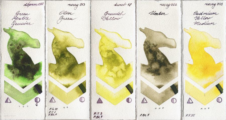 Daniel Smith 197 Green Apatite Genuine vs Rosa Gallery 713 Olive Green vs Kuretake Gansai Tambi 48 Greenish Yellow vs 722 Umber vs 703 Cadmium Yellow Medium watercolor swatch