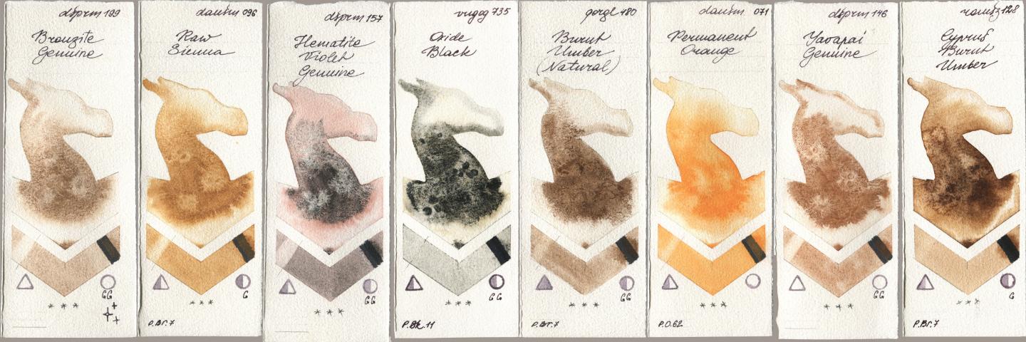 Daniel Smith 199 Bronzite Genuine, 096 Raw Sienna, 157 Hematite Violet Genuine, Royal Talens Van Gogh Watercolour 735 Oxide Black, Golden QOR 480 Burnt Umber (Natural), 071 Permanent Orange, 146 Yavapai Genuine, Roman Szmal Aquarius 128 Cyprus Burnt Umb watercolor swatch