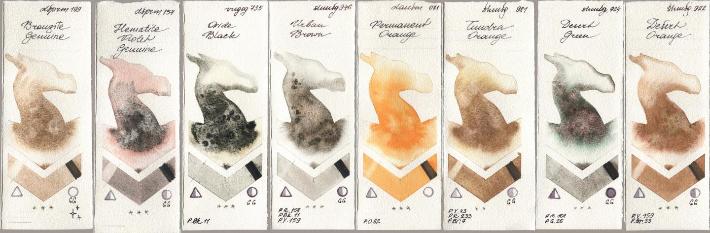 Daniel Smith 199 Bronzite Genuine, 157 Hematite Violet Genuine, Royal Talens Van Gogh Watercolour 735 Oxide Black, Shminke Horadam Aquarell 946 Urban Brown, 071 Permanent Orange, 981 Tundra Orange, 924 Desert Green, 922 Desert Oran watercolor swatch
