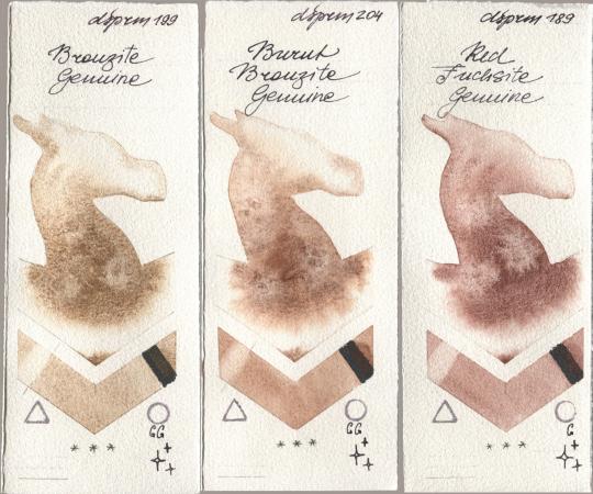Daniel Smith 199 Bronzite Genuine, 204 Burnt Bronzite Genuine, 189 Red Fuchsite Genui watercolor swatch