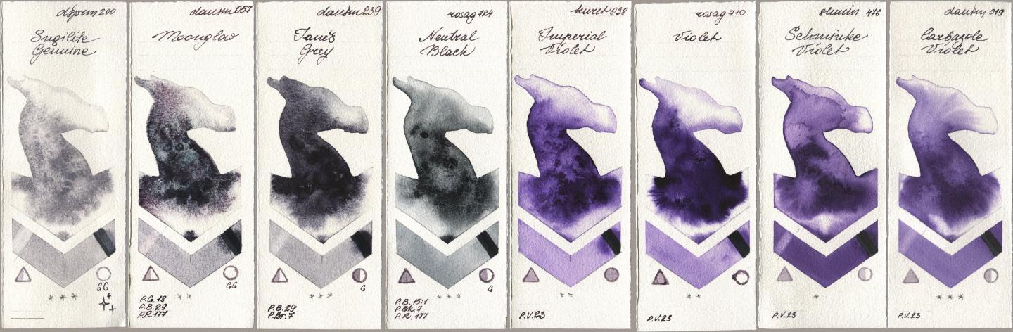 Daniel Smith 200 Sugilite Genuine, 057 Moonglow, 239 Janes Grey, Rosa Gallery 724 Neutral Black, Kuretake Gansai Tambi 038 Imperial Violet, 710 Violet, Shminke Horadam Aquarell 476 Schmincke Violet, 019 Carbazole Viol watercolor swatch