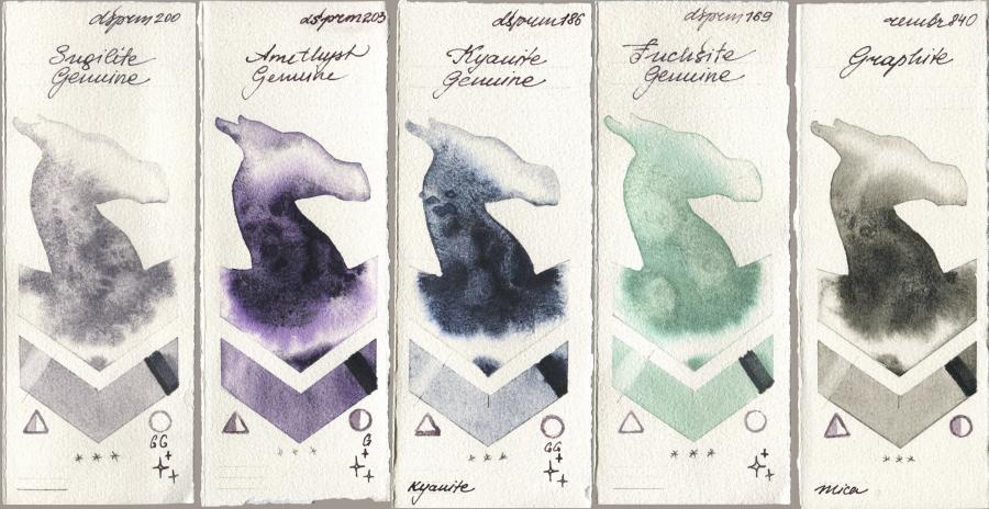 Daniel Smith 200 Sugilite Genuine, 203 Amethyst Genuine, 186 Kyanite Genuine, 169 Fuchsite Genuine, Royal Talens Rembrandt Watercolour 840 Graphi watercolor swatch