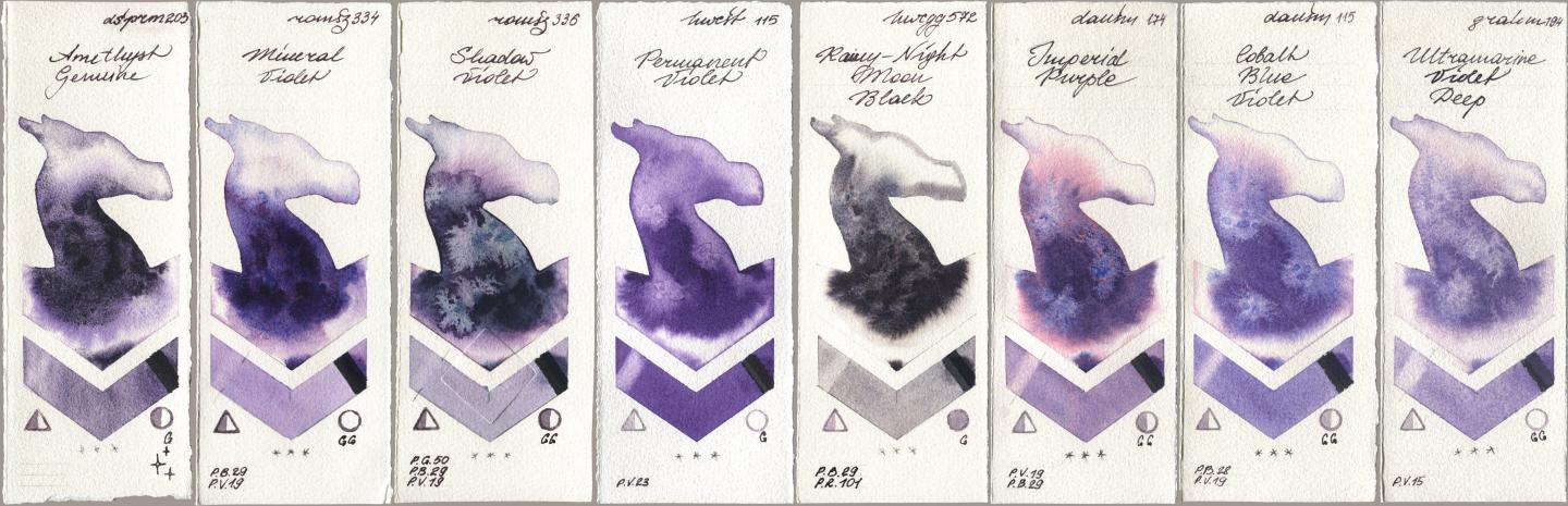 Daniel Smith 203 Amethyst Genuine, Roman Szmal Aquarius 334 Mineral Violet, 336 Shadow Violet, Holbein Artists Watercolor 115 Permanent Violet, 572 Rainy-Night Moon Back, 174 Imperial Purple, 115 Cobalt Blue Violet, M. Graham & Co. Artists 194 Ultramarine Violet De watercolor swatch