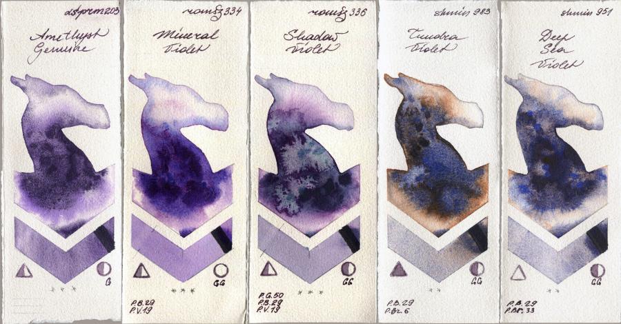 Daniel Smith 203 Amethyst Genuine vs Roman Szmal Aquarius 334 Mineral Violet vs 336 Shadow Violet vs Shminke Horadam Aquarell 983 Tundra Violet vs 951 Deep Sea Violet watercolor swatch