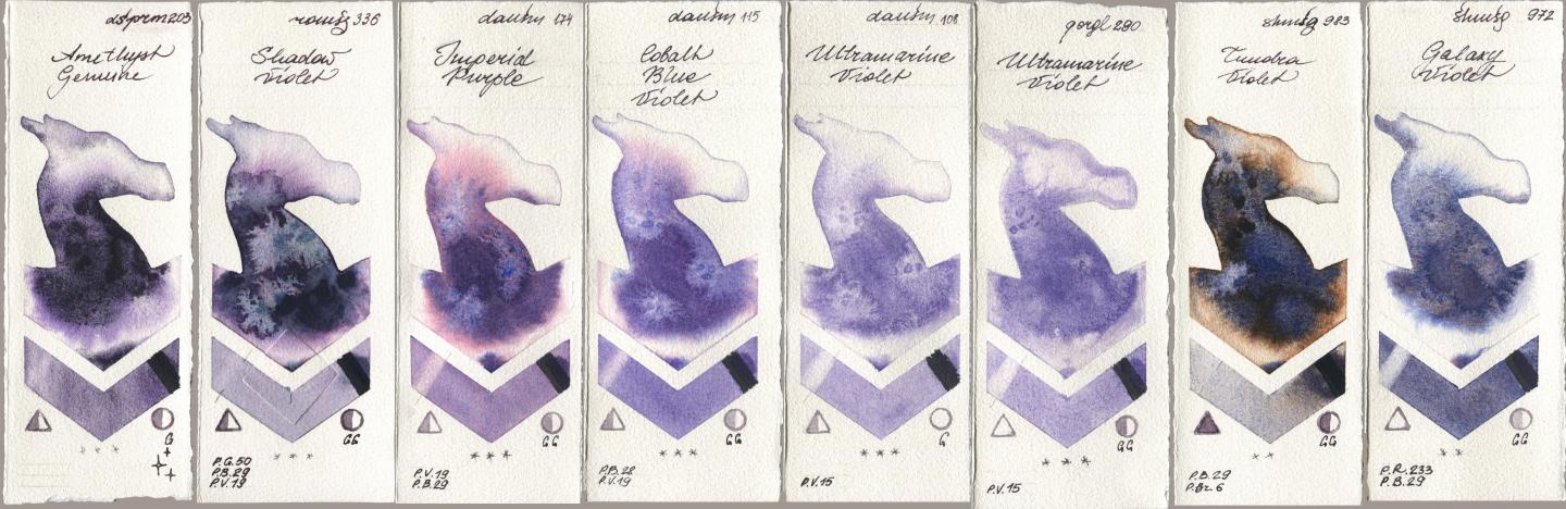 Daniel Smith 203 Amethyst Genuine, Roman Szmal Aquarius 336 Shadow Violet, 174 Imperial Purple, 115 Cobalt Blue Violet, 108 Ultramarine Violet, Golden QOR 290 Ultramarine Violet, Shminke Horadam Aquarell 983 Tundra Violet, 972 Galaxy Viol watercolor swatch