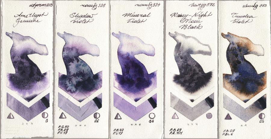 Daniel Smith 203 Amethyst Genuine vs Roman Szmal Aquarius 336 Shadow Violet vs 334 Mineral Violet vs Holbein Artists Watercolor 572 Rainy-Night Moon Back vs Shminke Horadam Aquarell 983 Tundra Violet watercolor swatch