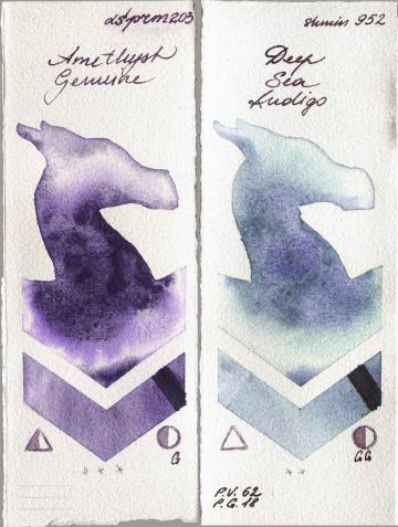 Daniel Smith 203 Amethyst Genuine vs Shminke Horadam Aquarell 952 Deep Sea Indigo watercolor swatch