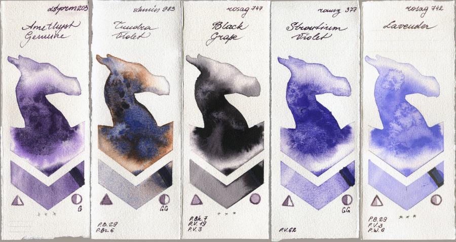 Daniel Smith 203 Amethyst Genuine vs Shminke Horadam Aquarell 983 Tundra Violet vs Rosa Gallery 747 Black Grape vs Roman Szmal Aquarius 377 Strontium Violet vs 742 Lavender watercolor swatch