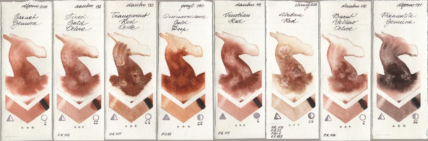 Daniel Smith 205 Garnet Genuine, 172 Fired Gold Ochre, 130 Transparent Red Oxide, Golden QOR 160 Quinacridone Gold Deep, 111 Venetian Red, Shminke Horadam Aquarell 926 Urban Red, 170 Burnt Yellow Ochre, 191 Piemontite Genui watercolor swatch