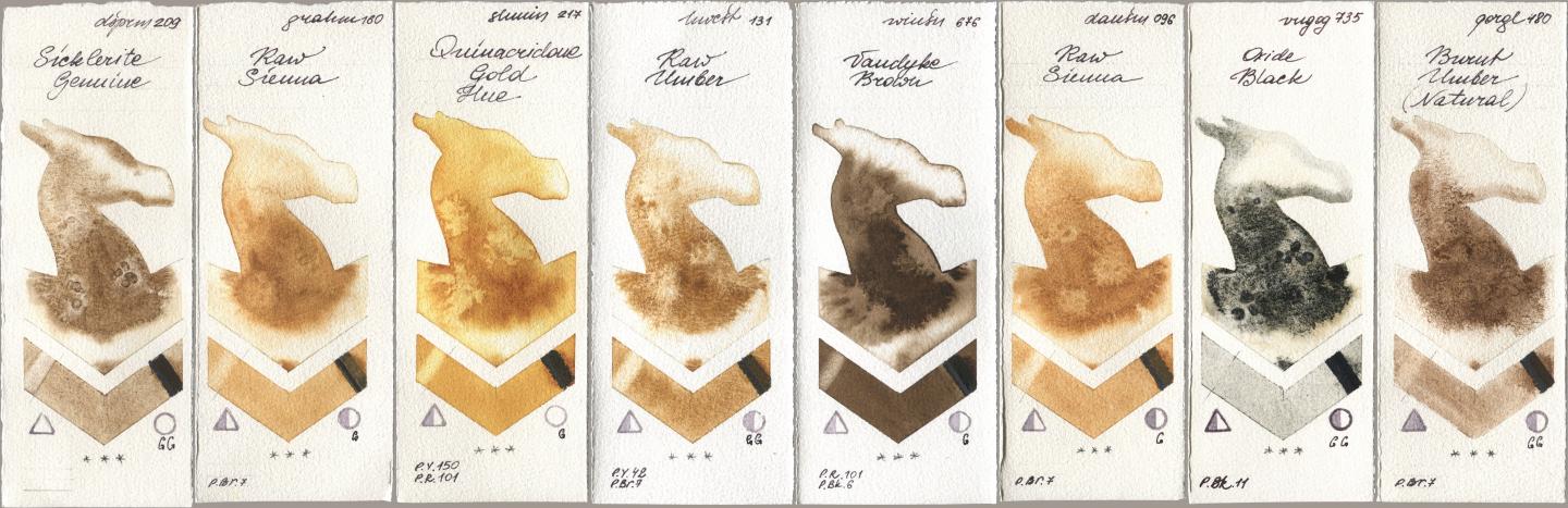 Daniel Smith 209 Sicklerite Genuine, M. Graham & Co. Artists 160 Raw Sienna, Shminke Horadam Aquarell 217 Quinacridone Gold Hue, Holbein Artists Watercolor 131 Raw Umber, Winsor & Newton Professional 676 Vandyke Brown, 096 Raw Sienna, Royal Talens Van Gogh Watercolour 735 Oxide Black, Golden QOR 480 Burnt Umber (Natura watercolor swatch