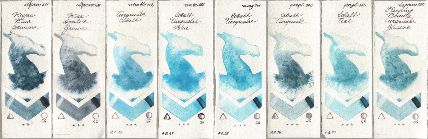 Daniel Smith 211 Mayan Blue Genuine, 196 Blue Apatite Genuine, Maimeri Blu 412 Turquoise Cobalt, Royal Talens Rembrandt Watercolour 586 Cobalt Turquoise Blue, Rosa Gallery 741 Cobalt Turquoise, Golden QOR 370 Cobalt Turquoise, 360 Cobalt Teal, 150 Sleeping Beauty Turquoise Genui watercolor swatch