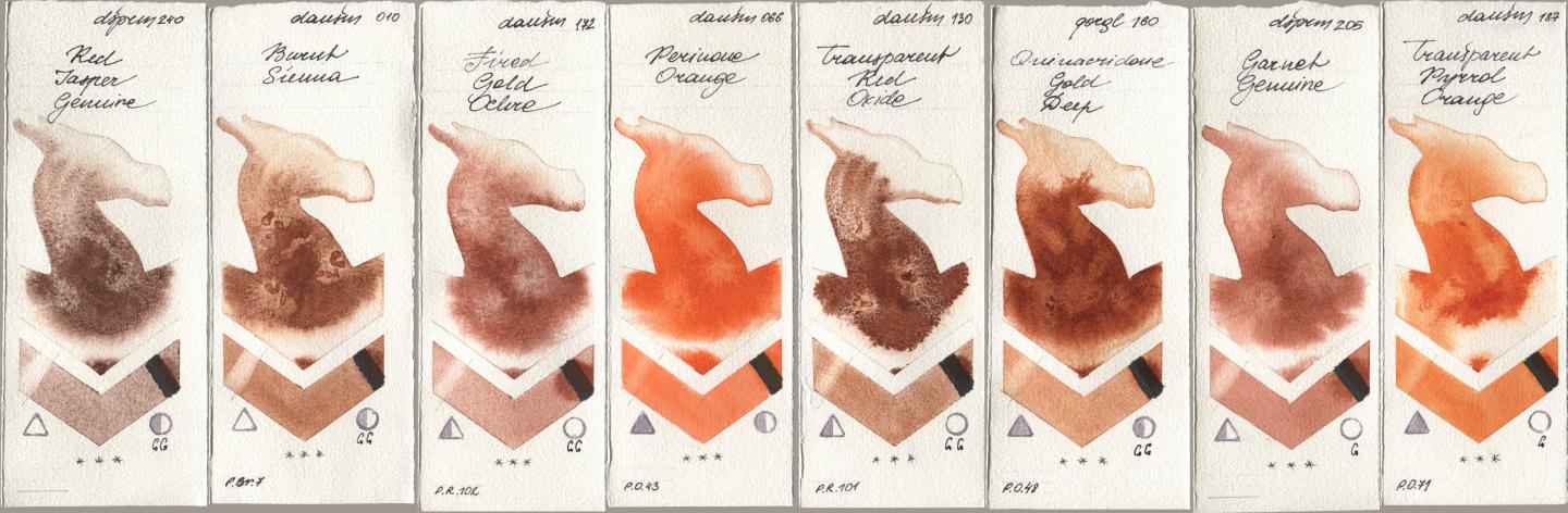 Daniel Smith 240 Red Jasper Genuine, 010 Burnt Sienna, 172 Fired Gold Ochre, 066 Perinone Orange, 130 Transparent Red Oxide, Golden QOR 160 Quinacridone Gold Deep, 205 Garnet Genuine, 187 Transparent Pyrrol Oran watercolor swatch