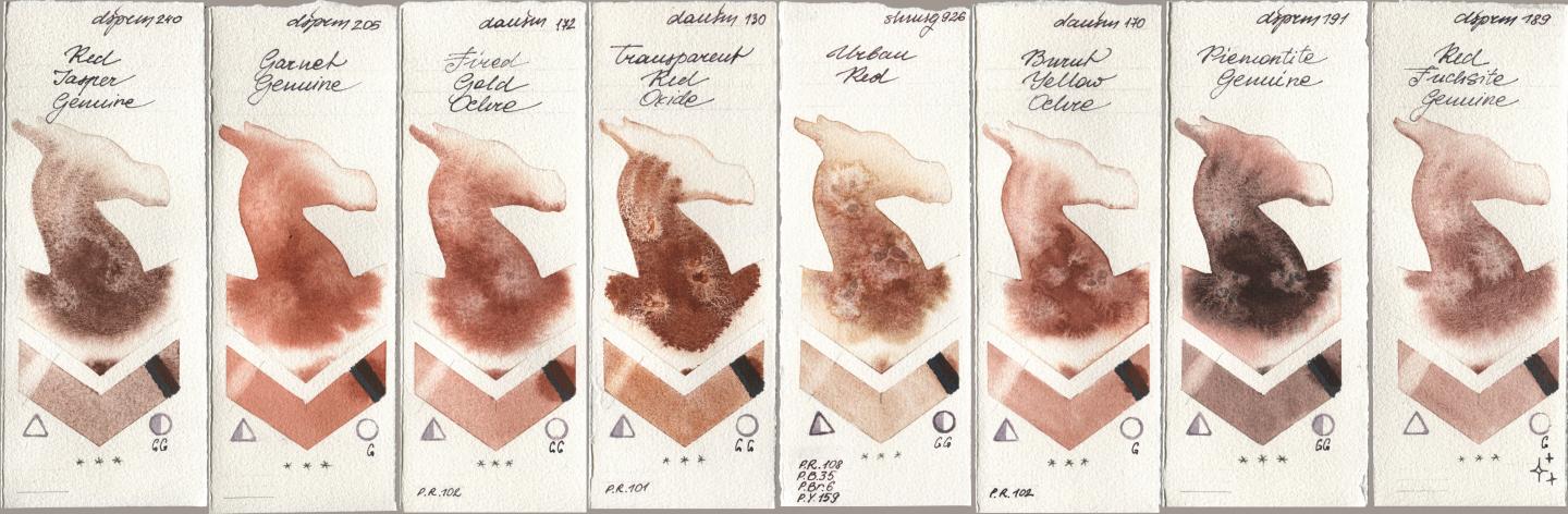 Daniel Smith 240 Red Jasper Genuine, 205 Garnet Genuine, 172 Fired Gold Ochre, 130 Transparent Red Oxide, Shminke Horadam Aquarell 926 Urban Red, 170 Burnt Yellow Ochre, 191 Piemontite Genuine, 189 Red Fuchsite Genui watercolor swatch