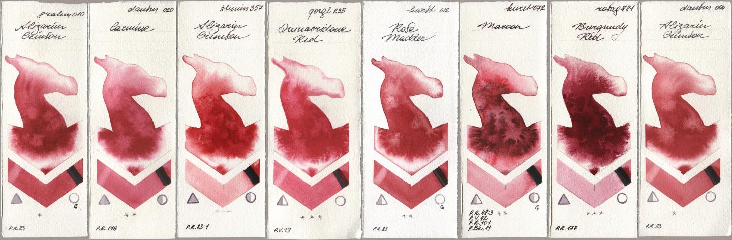 M. Graham & Co. Artists 010 Alizarin Crimson, Daniel Smith 020 Carmine, Shminke Horadam Aquarell 357 Alizarin Crimson, Golden QOR 235 Quinacridone Red, Holbein Artists Watercolor 012 Rose Madder, Kuretake Gansai Tambi 072 Maroon, Rosa Gallery 781 Burgundy Red, 004 Alizarin Crims watercolor swatch