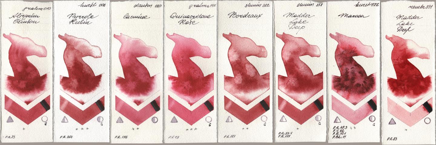M. Graham & Co. Artists 010 Alizarin Crimson, Holbein Artists Watercolor 006 Pyrrole Rubin, Daniel Smith 020 Carmine, 156 Quinacridone Rose, Shminke Horadam Aquarell 362 Bordeaux, 358 Madder Lake Deep, Kuretake Gansai Tambi 072 Maroon, Royal Talens Rembrandt Watercolour 331 Madder Lake De watercolor swatch