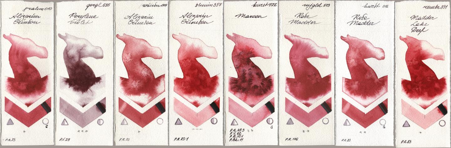 M. Graham & Co. Artists 010 Alizarin Crimson, Golden QOR 635 Perylene Violet, Winsor & Newton Professional 004 Alizarin Crimson, Shminke Horadam Aquarell 357 Alizarin Crimson, Kuretake Gansai Tambi 072 Maroon, Mijello Mission Gold 513 Rose Madder, Holbein Artists Watercolor 012 Rose Madder, Royal Talens Rembrandt Watercolour 331 Madder Lake De watercolor swatch
