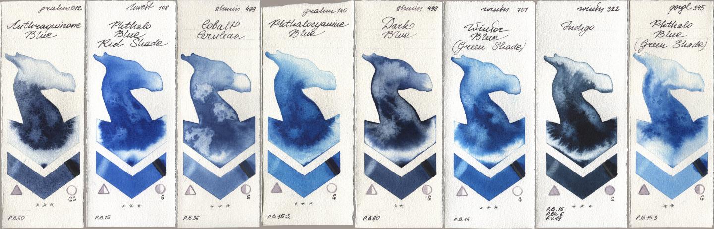 M. Graham & Co. Artists 012 Anthraquinone Blue, Holbein Artists Watercolor 108 Phthalo Blue Red Shade, Shminke Horadam Aquarell 499 Cobalt Cerulean, 140 Phthalocyanine Blue, 498 Dark Blue, Winsor & Newton Professional 707 Winsor Blue (Green Shade), 322 Indigo, Golden QOR 345 Phthalo Blue (Green Shad watercolor swatch
