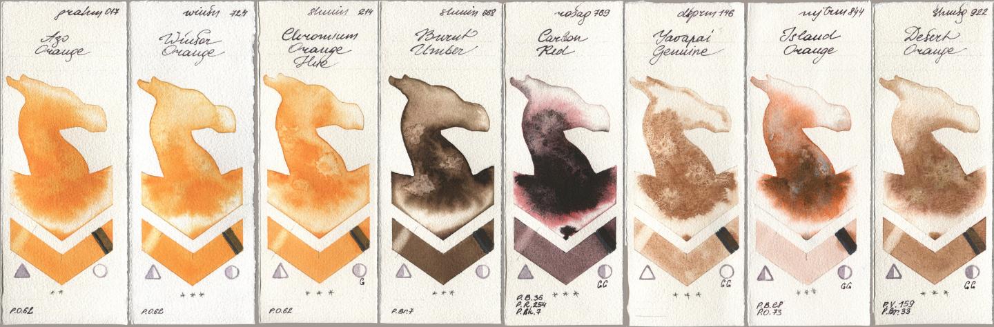 M. Graham & Co. Artists 017 Azo Orange, Winsor & Newton Professional 724 Winsor Orange, Shminke Horadam Aquarell 214 Chrome Organge LF (Chromium Orange Hue), 668 Burnt Umber, Rosa Gallery 769 Carbon Red, Daniel Smith 146 Yavapai Genuine, Mijello Mission Gold 844 Island Orange, 922 Desert Oran watercolor swatch