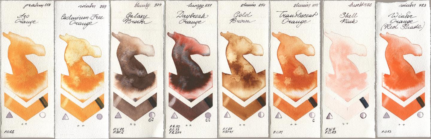 M. Graham & Co. Artists 017 Azo Orange, Winsor & Newton Professional 899 Cadmium-Free Orange, Shminke Horadam Aquarell 974 Galaxy Brown, Holbein Artists Watercolor 551 Daybreak Orange, 654 Gold Brown, 218 Translucent Orange / Transparent Orange, 026 Shell Pink, 723 Winsor Orange (Red Shad watercolor swatch