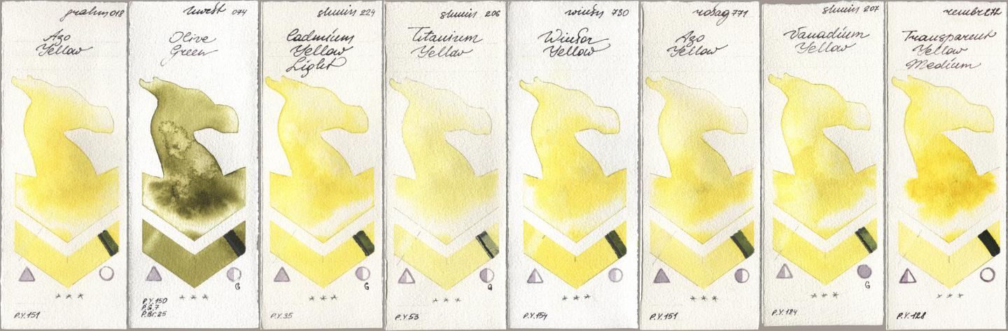 M. Graham & Co. Artists 018 Azo Yellow, Holbein Artists Watercolor 074 Olive Green, Shminke Horadam Aquarell 224 Cadmium Yellow Light, 206 Titanium Yellow, Winsor & Newton Professional 730 Winsor Yellow, Rosa Gallery 771 Azo Yellow, 207 Vanadium Yellow, Royal Talens Rembrandt Watercolour 272 Transparent Yellow Medi watercolor swatch