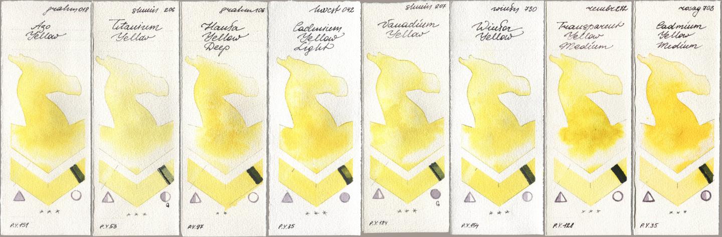 M. Graham & Co. Artists 018 Azo Yellow, Shminke Horadam Aquarell 206 Titanium Yellow, 106 Hansa Yellow Deep, Holbein Artists Watercolor 042 Cadmium Yellow Light, 207 Vanadium Yellow, Winsor & Newton Professional 730 Winsor Yellow, Royal Talens Rembrandt Watercolour 272 Transparent Yellow Medium, Rosa Gallery 703 Cadmium Yellow Medi watercolor swatch