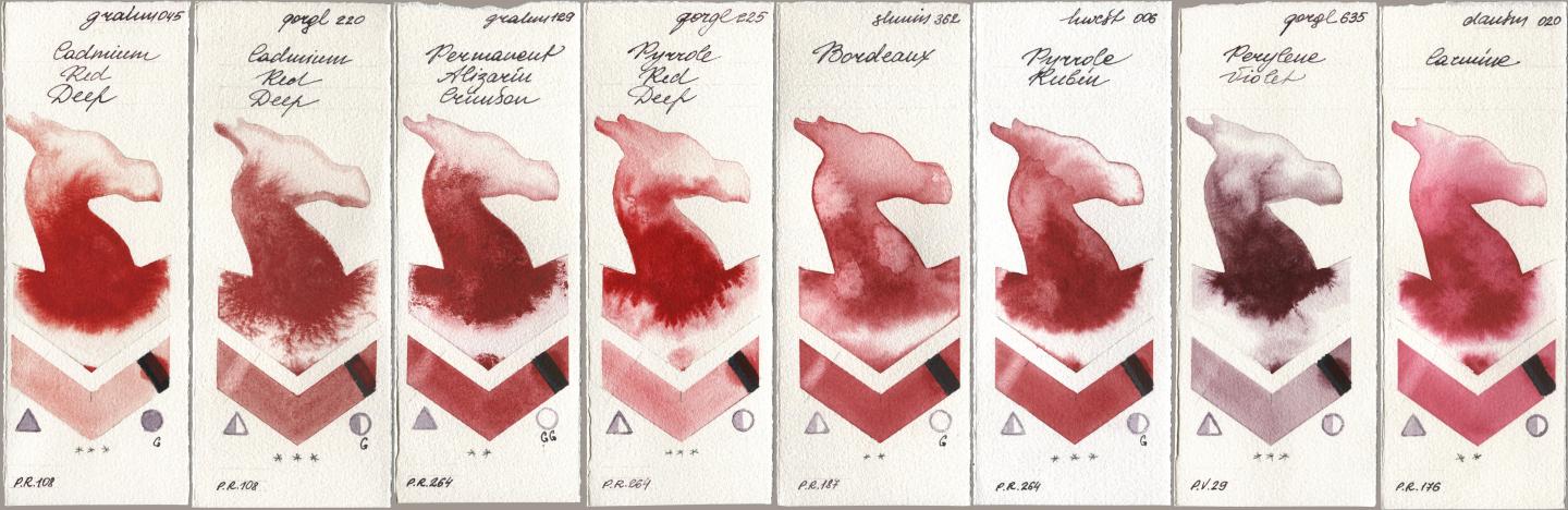 M. Graham & Co. Artists 045 Cadmium Red Deep, Golden QOR 220 Cadmium Red Deep, 129 Permanent Alizarin Crimson, 225 Pyrrole Red Deep, Shminke Horadam Aquarell 362 Bordeaux, Holbein Artists Watercolor 006 Pyrrole Rubin, 635 Perylene Violet, Daniel Smith 020 Carmi watercolor swatch